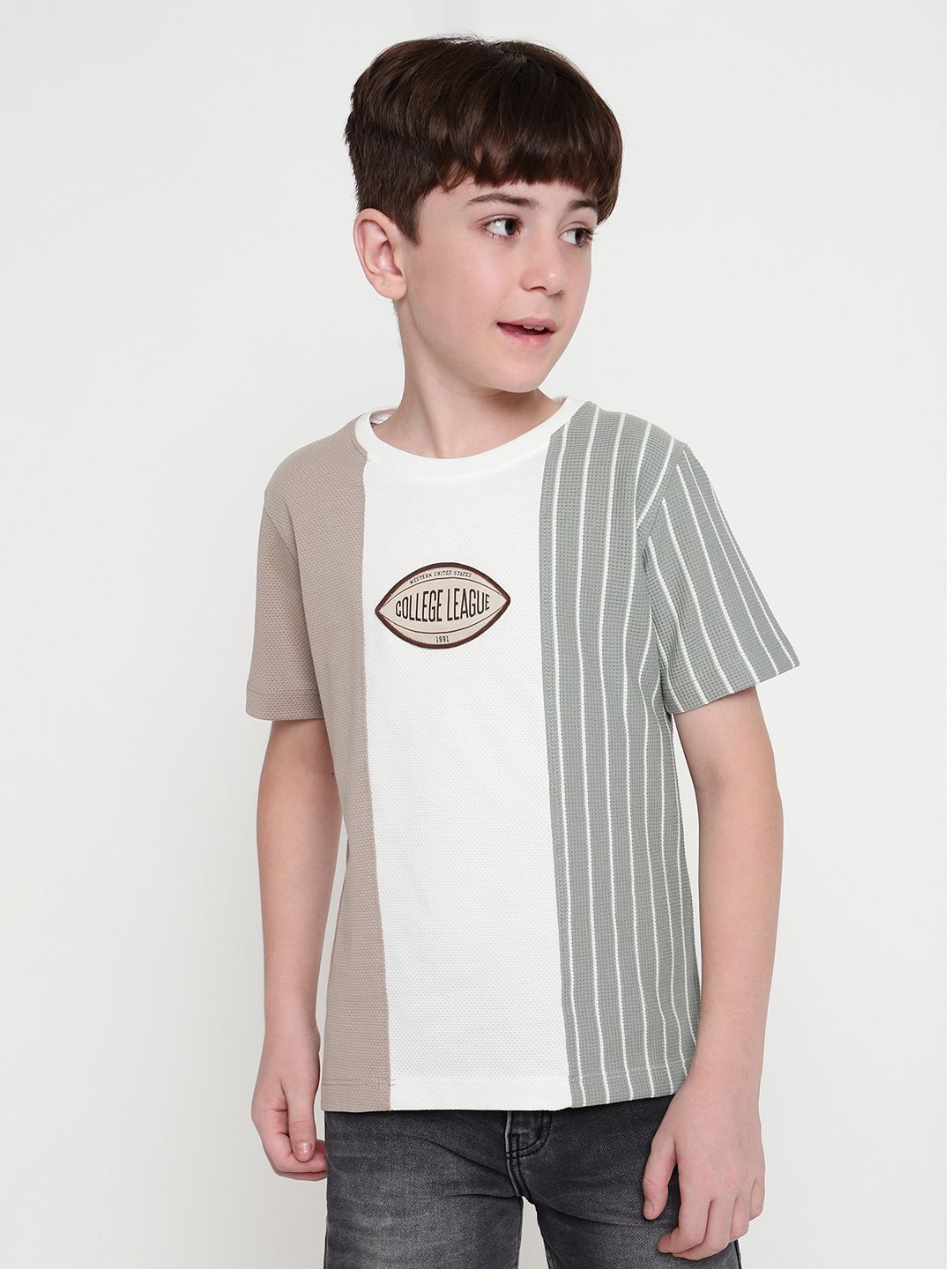 

Octave Boys Striped Extended Sleeves Raw Edge T-shirt, Grey