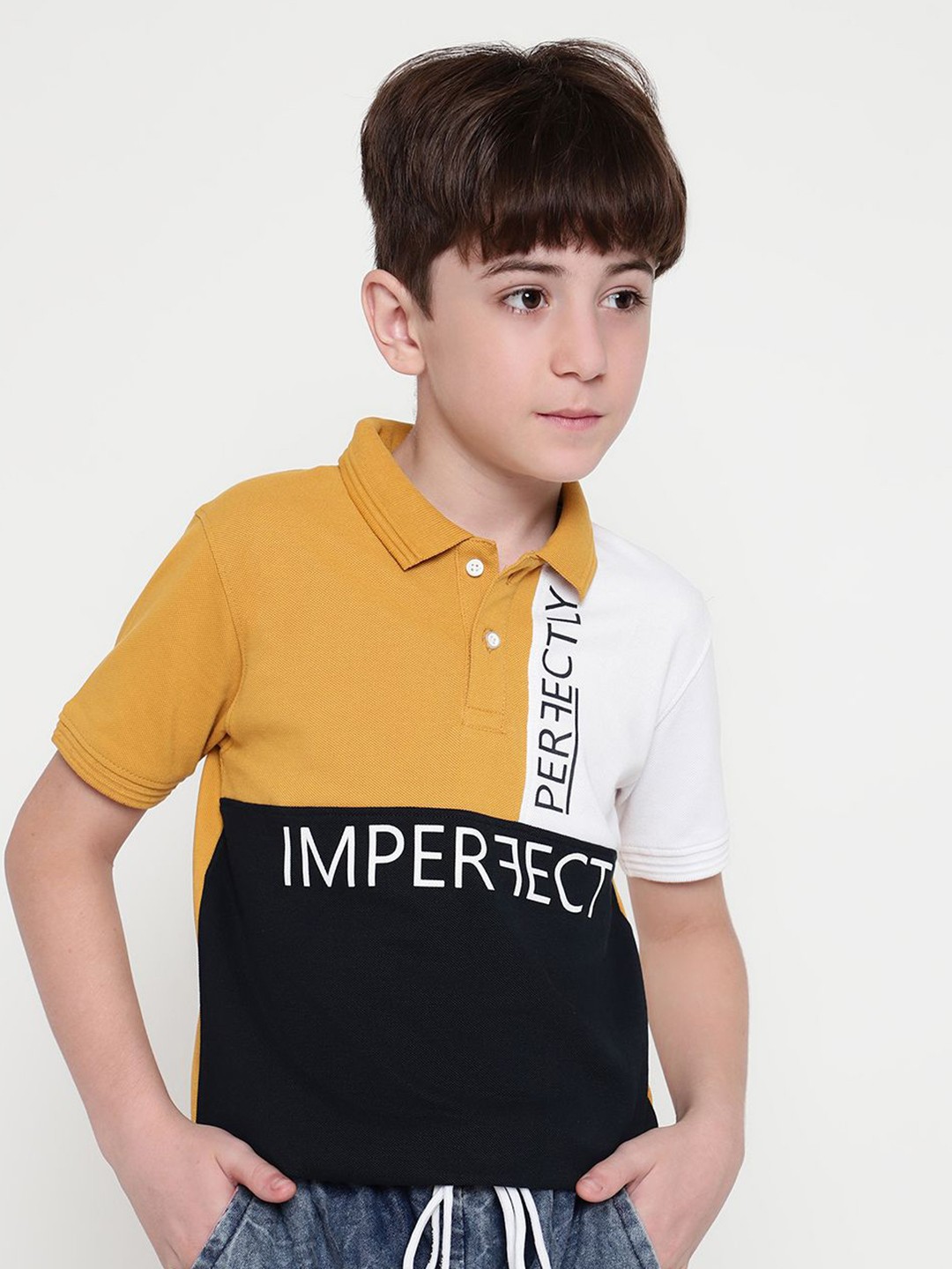 

Octave Boys Typography Polo Collar Applique T-shirt, Yellow