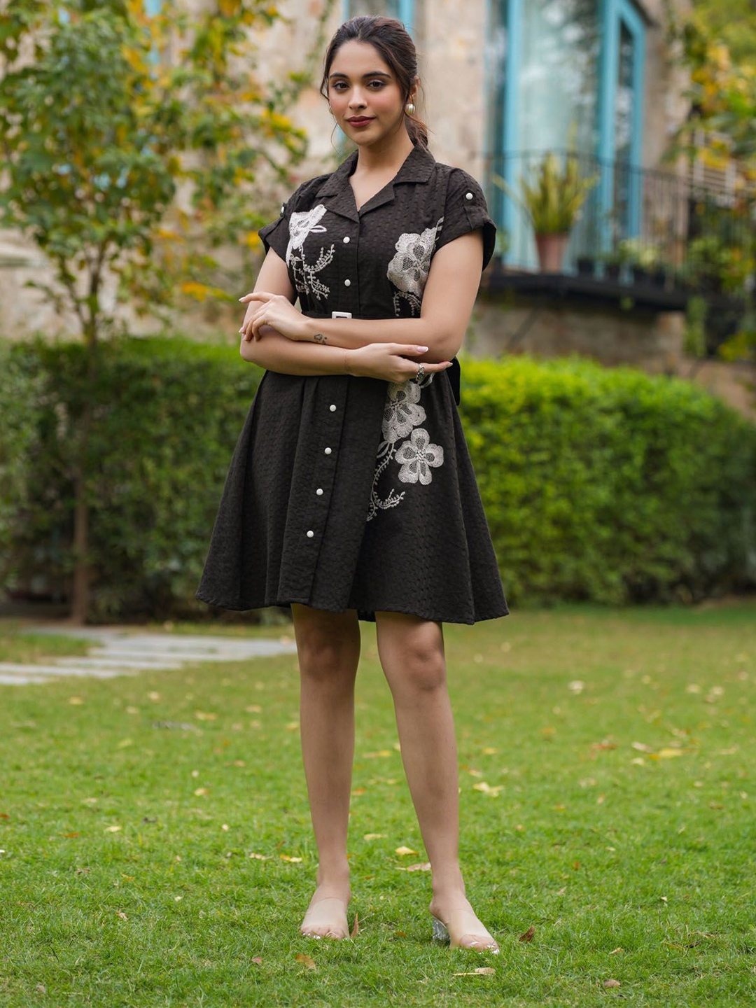 

FASHION DWAR Embroidered A-Line Dress, Black