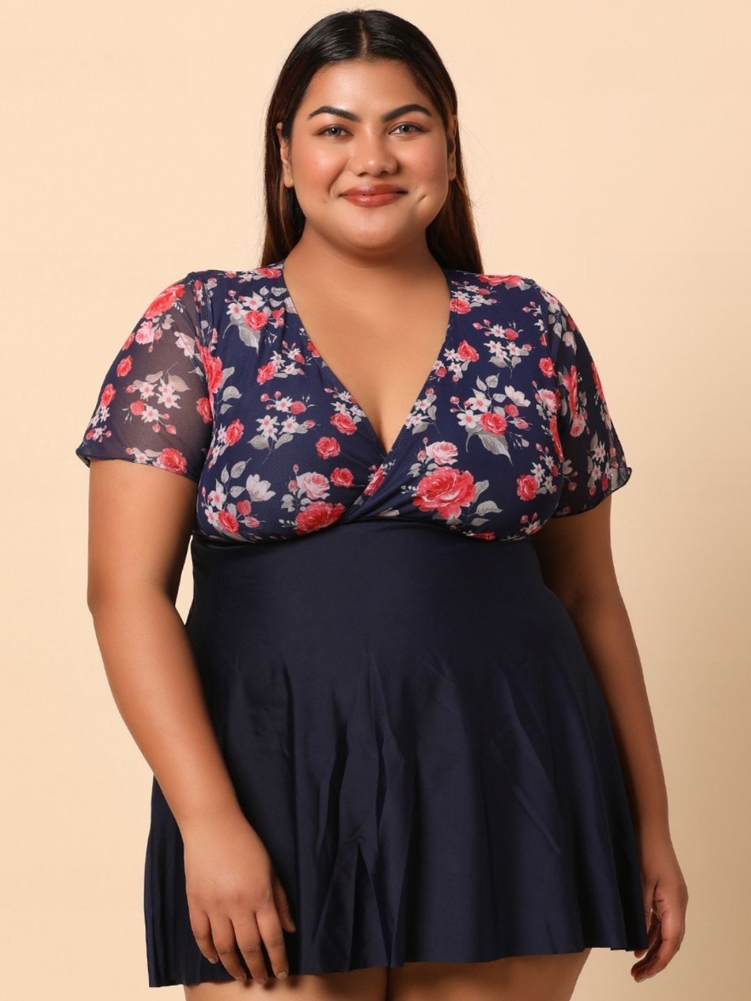 

WomanLikeU Plus-Size Floral Printed Swimwear, Navy blue