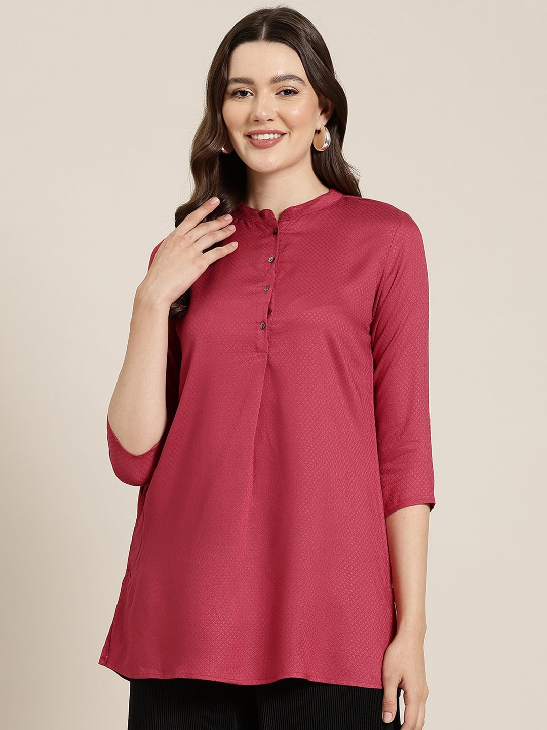 

HERE&NOW Mandarin Collar Solid Top, Red