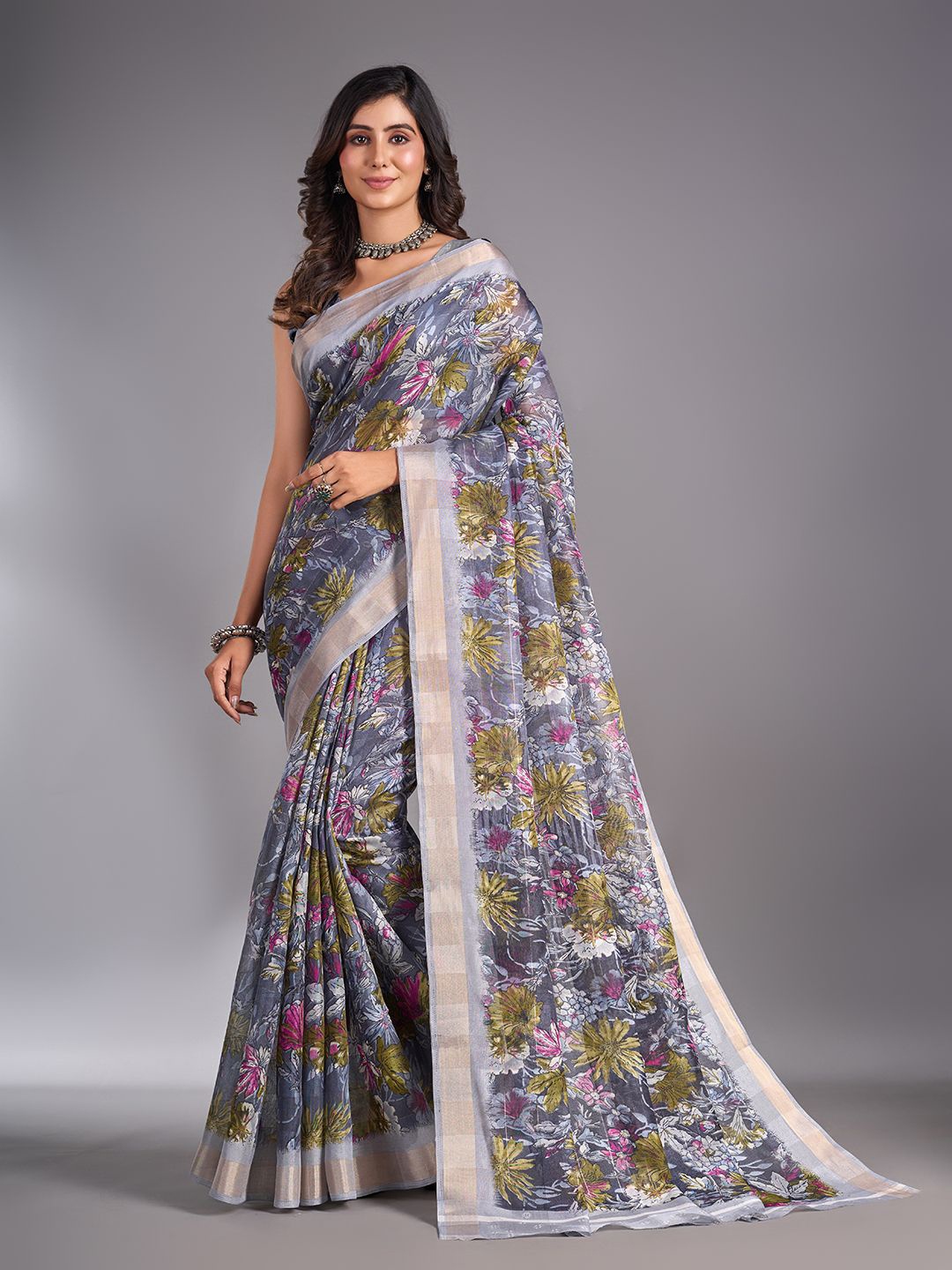 

NIRMAL CREATION Floral Maheshwari Saree, Grey