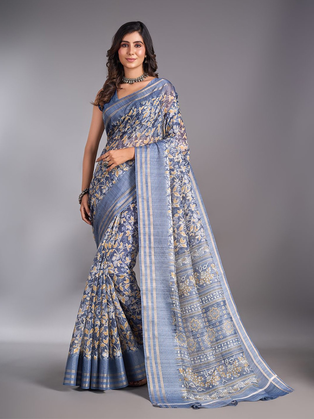 

NIRMAL CREATION Floral Maheshwari Saree, Grey