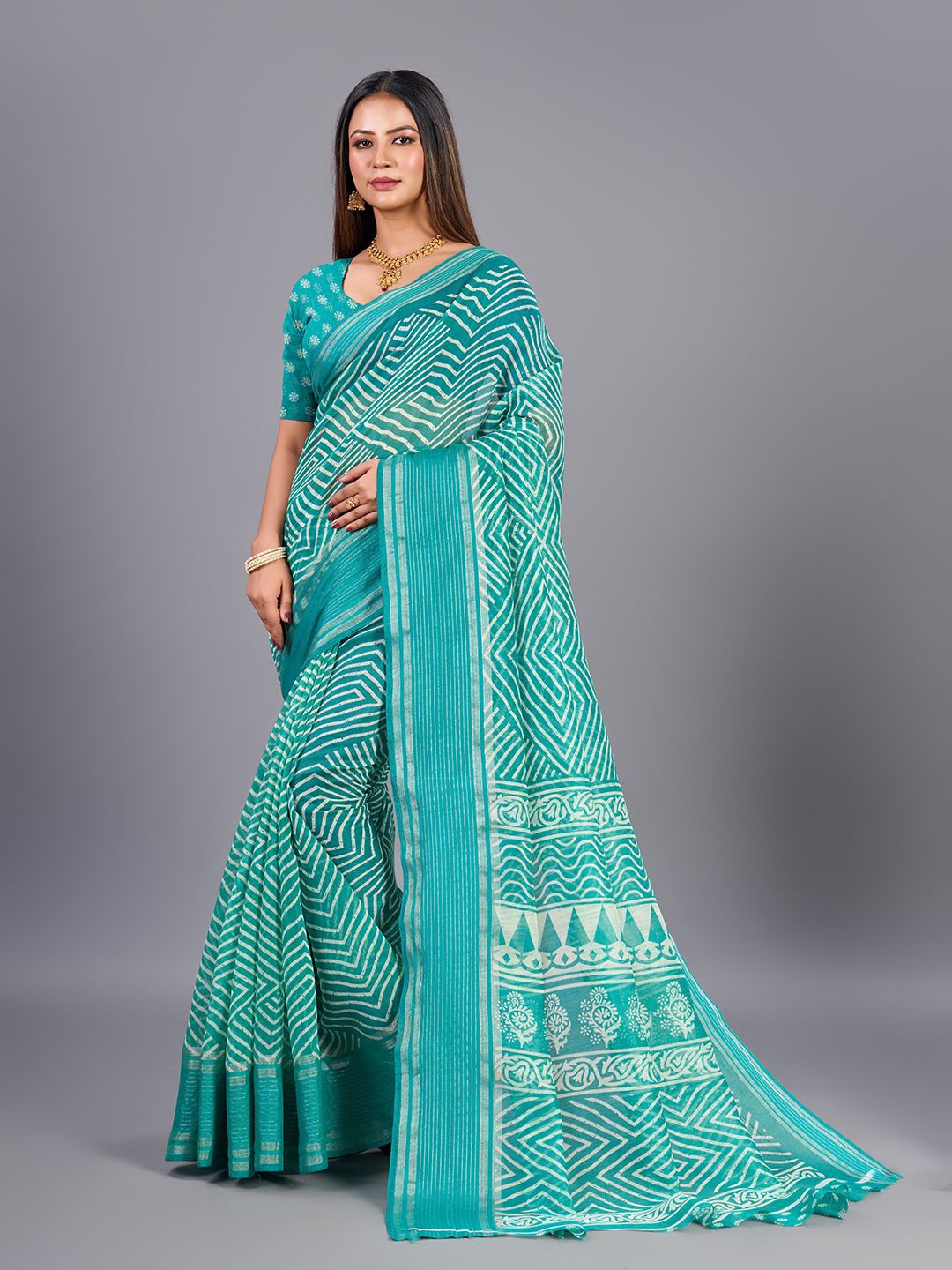 

NIRMAL CREATION Printed Zari Maheshwari Saree, Sea green