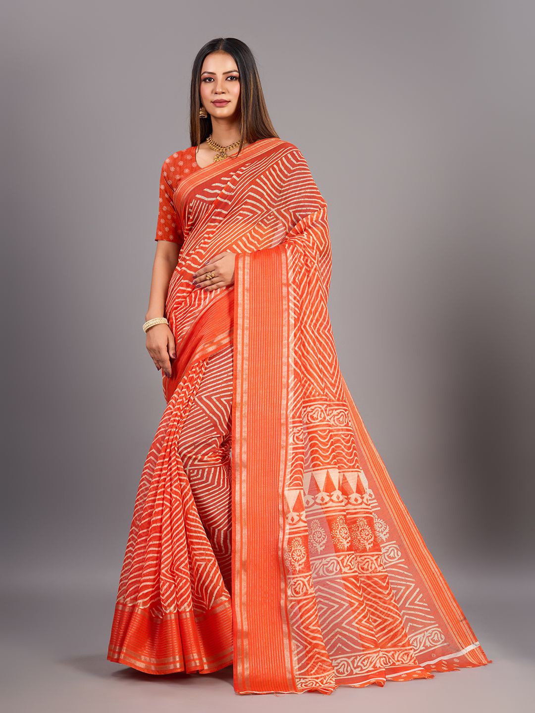 

NIRMAL CREATION Printed Zari Maheshwari Saree, Orange