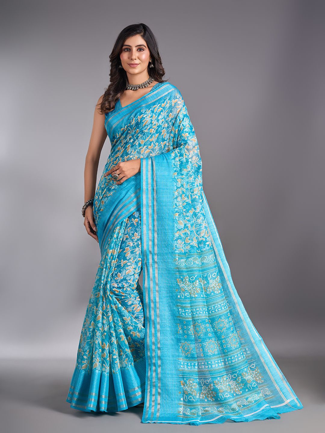 

NIRMAL CREATION Floral Zari Maheshwari Saree, Turquoise blue