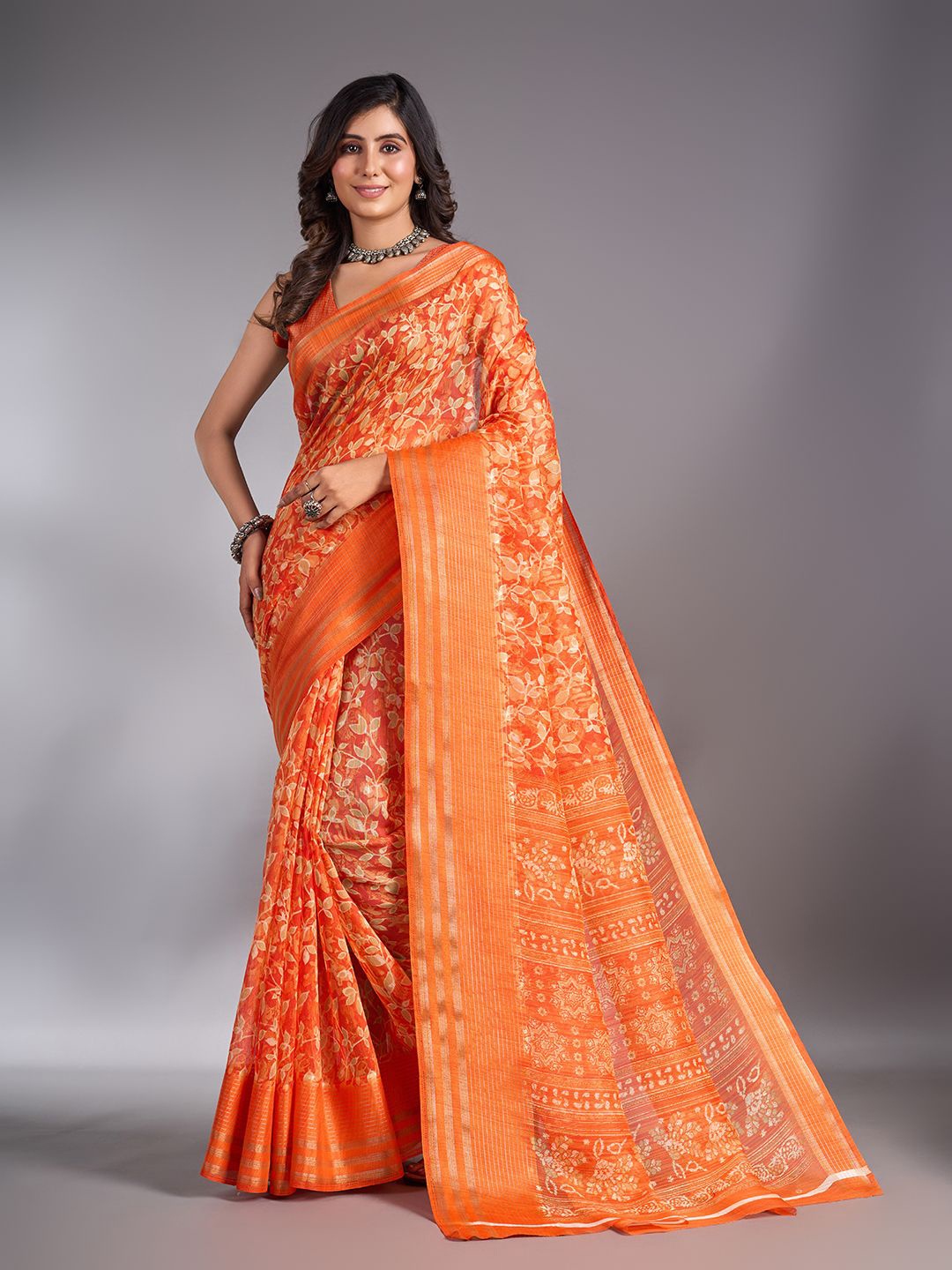 

NIRMAL CREATION Floral Zari Maheshwari Saree, Orange