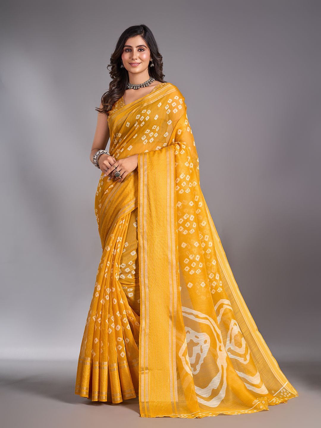 

NIRMAL CREATION Bandhani Zari Maheshwari Saree, Yellow