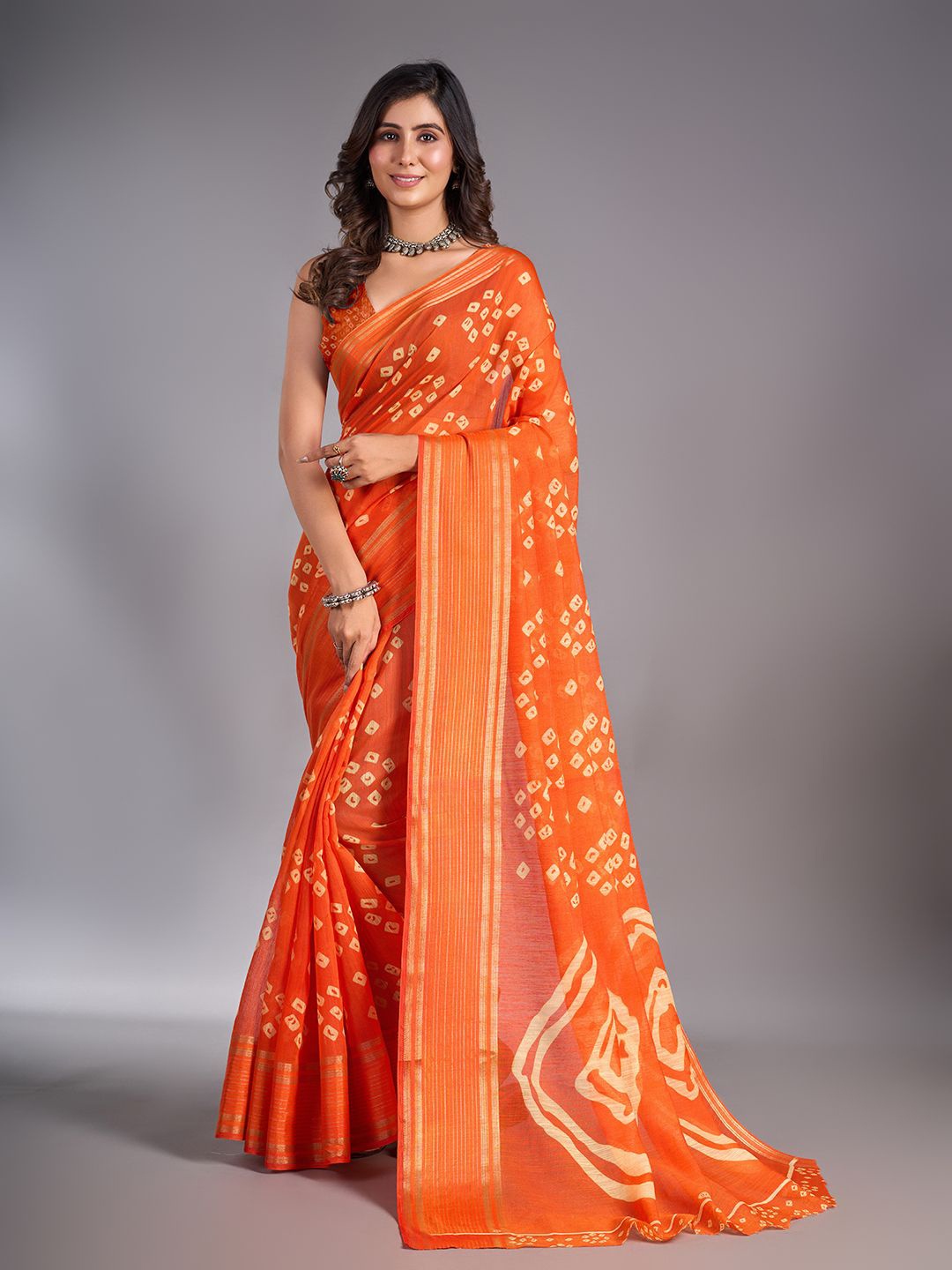 

NIRMAL CREATION Bandhani Zari Maheshwari Saree, Orange