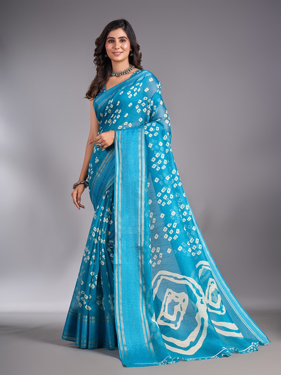 

NIRMAL CREATION Bandhani Zari Maheshwari Saree, Turquoise blue