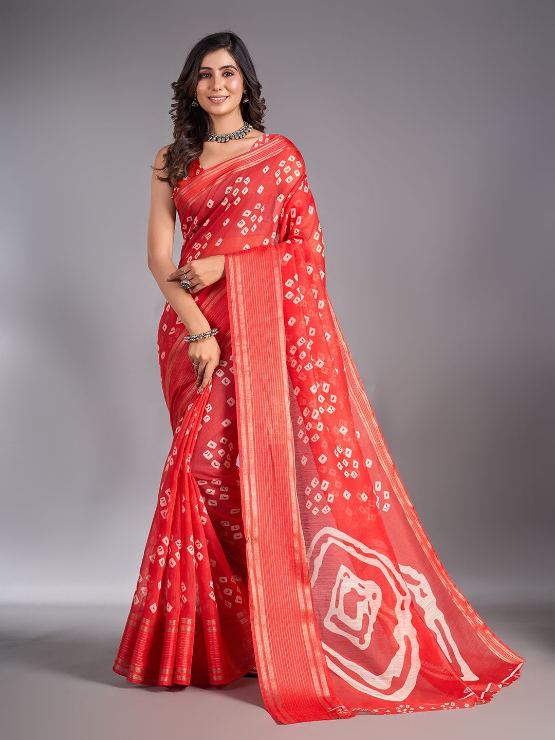 

NIRMAL CREATION Bandhan Printed i Zari Maheshwari Saree, Red