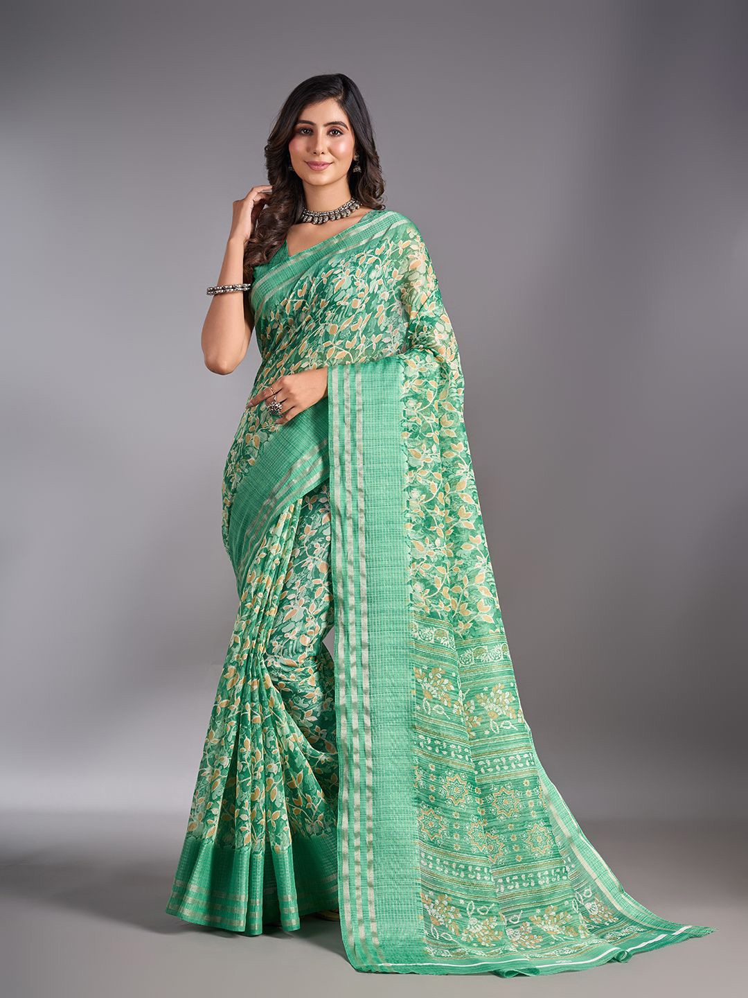 

NIRMAL CREATION Ethnic Motifs Printed Zari Maheshwari Saree, Green