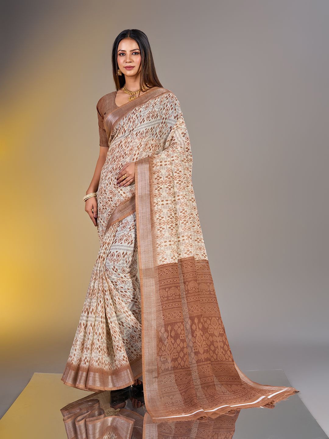 

NIRMAL CREATION Ethnic Motifs Zari Maheshwari Saree, Brown
