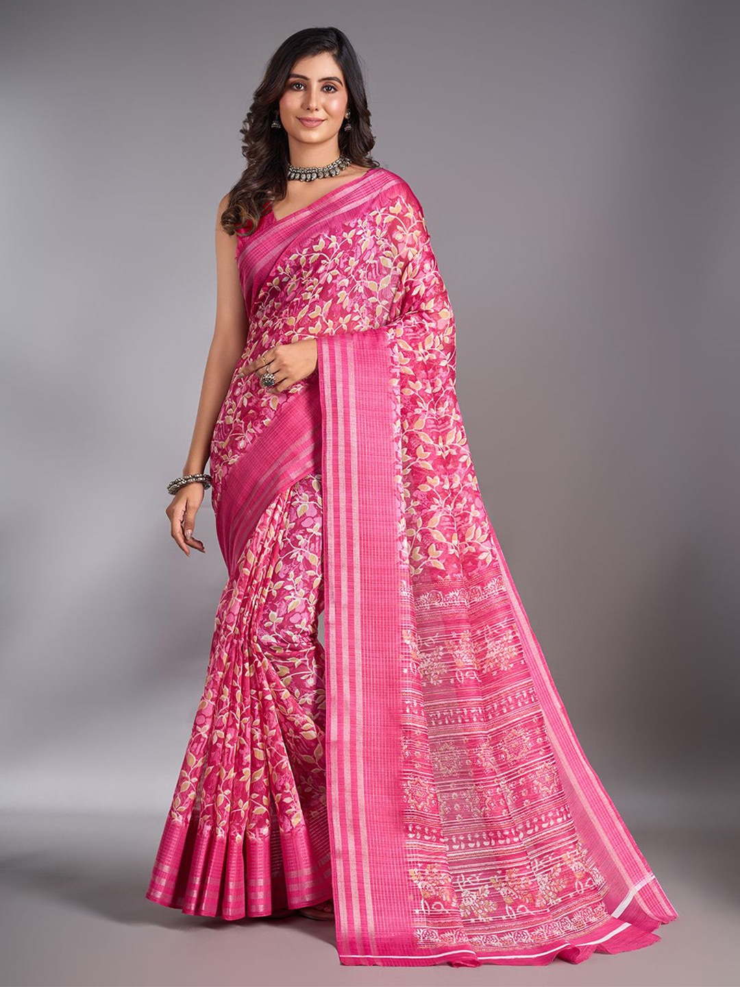 

NIRMAL CREATION Floral Maheshwari Saree, Pink