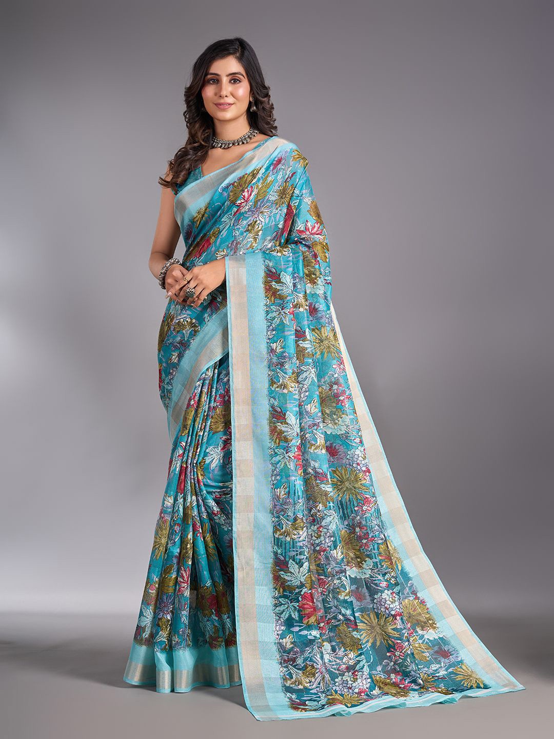 

NIRMAL CREATION Floral Zari Maheshwari Saree, Turquoise blue