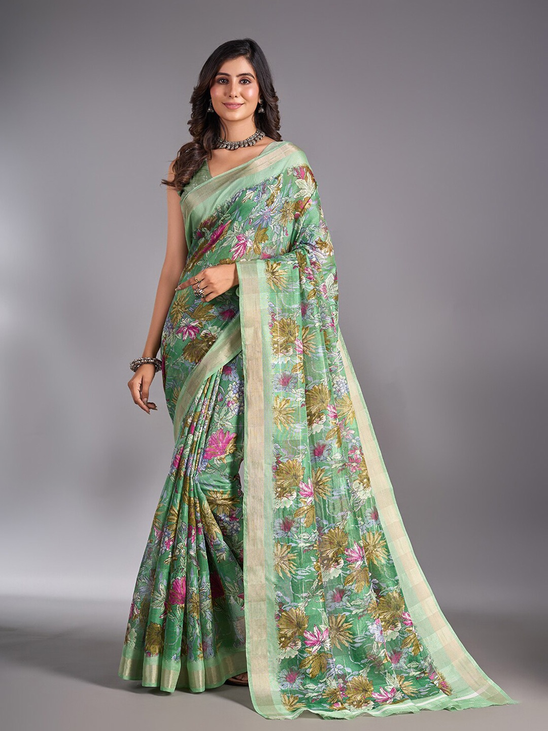 

NIRMAL CREATION Floral Zari Maheshwari Saree, Green