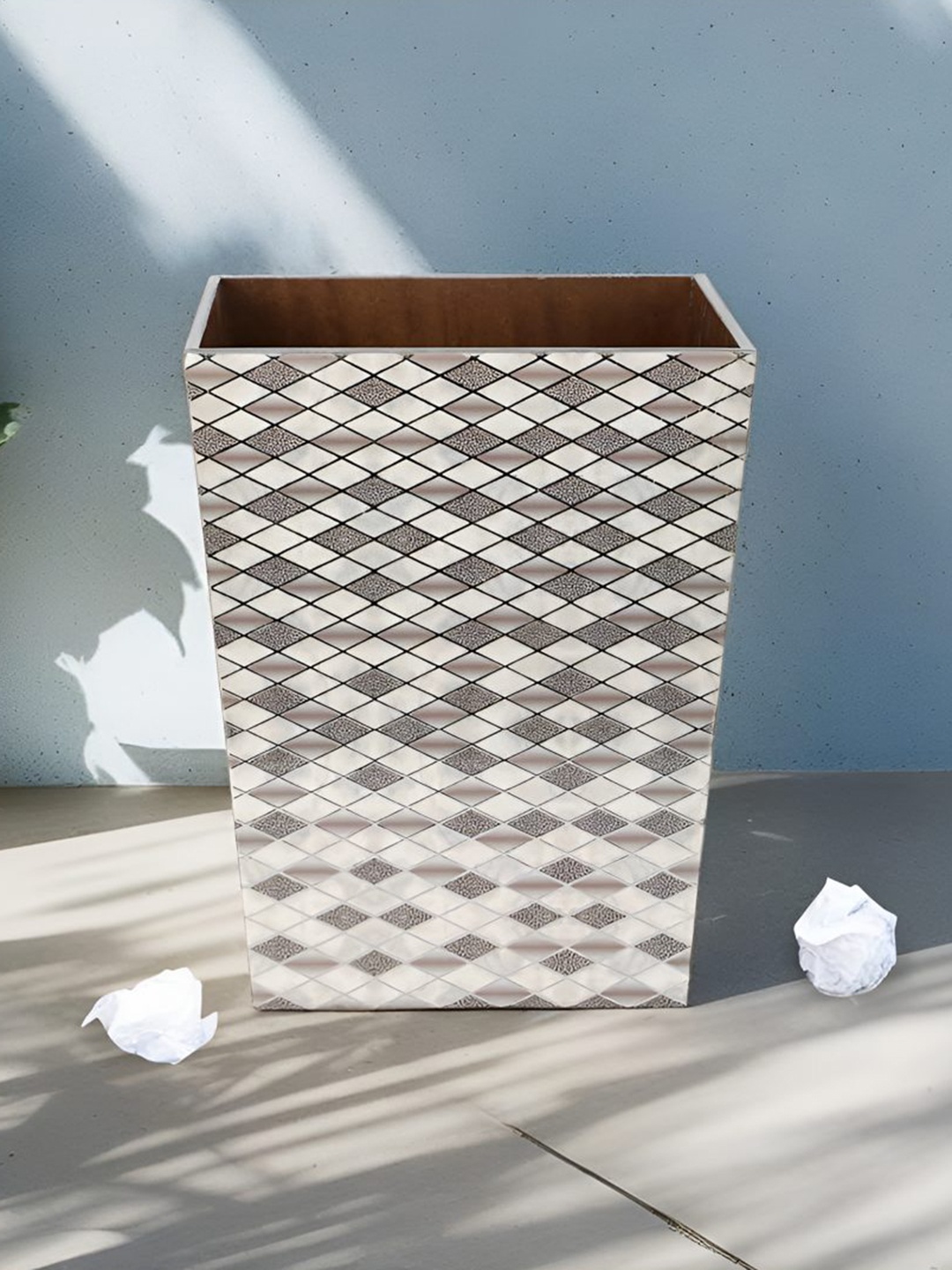 

THE HOME CO. White & Brown Printed Wooden Dustbin