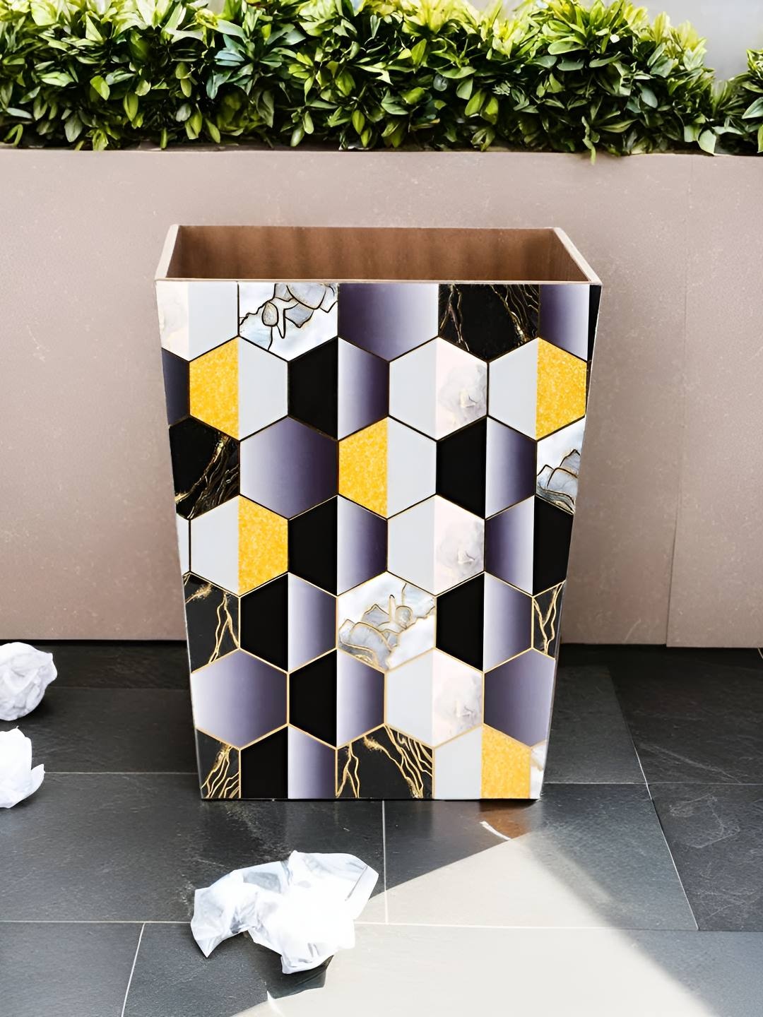 

THE HOME CO. White & Black Printed Wooden Dustbin
