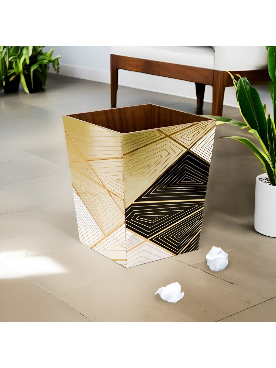 

THE HOME CO. Black Printed Wooden Dustbin, Gold