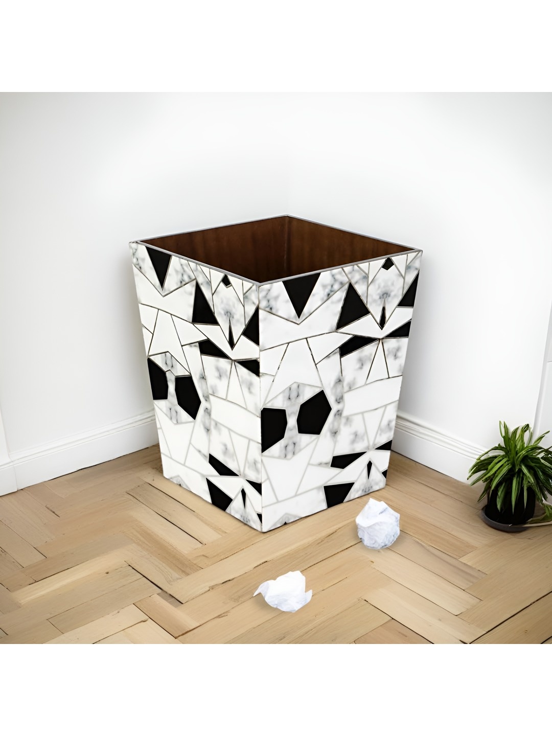 

THE HOME CO. White & Black Printed Wooden Dustbin