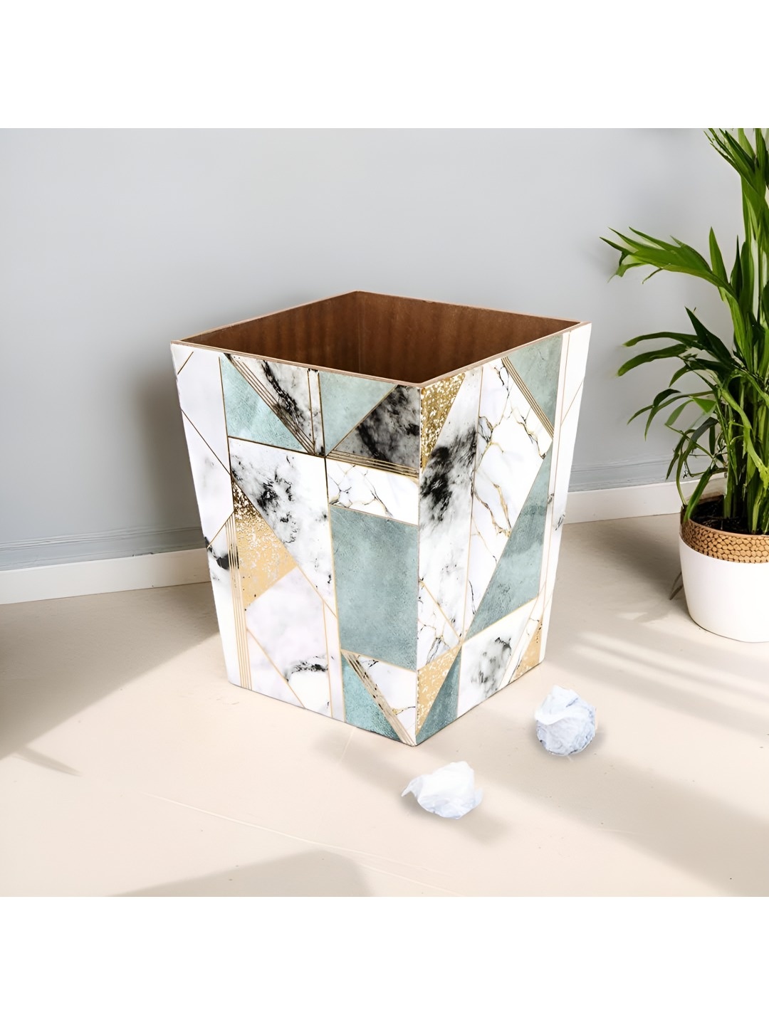 

THE HOME CO. White & Blue Printed Wooden Dustbin