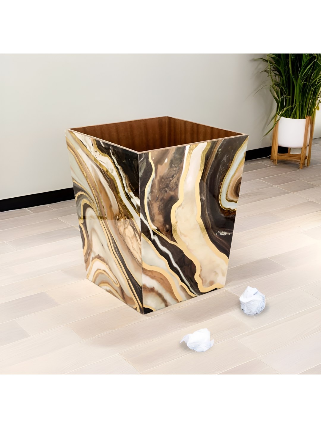 

THE HOME CO. Brown Printed Wooden Dustbin