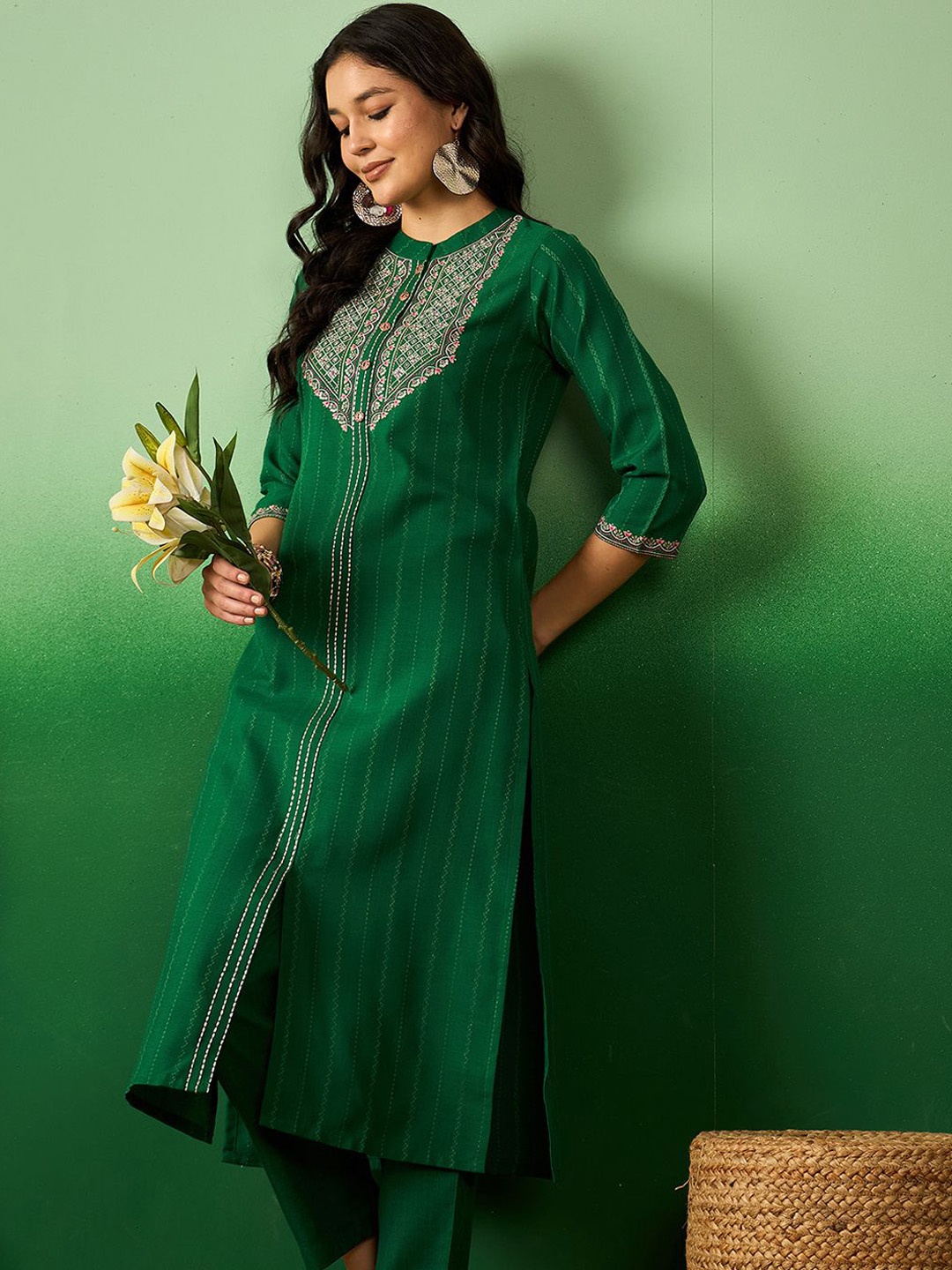 

Sangria Green Striped Embroidered Mandarin Collar Sequinned Straight Kurta With Trouser