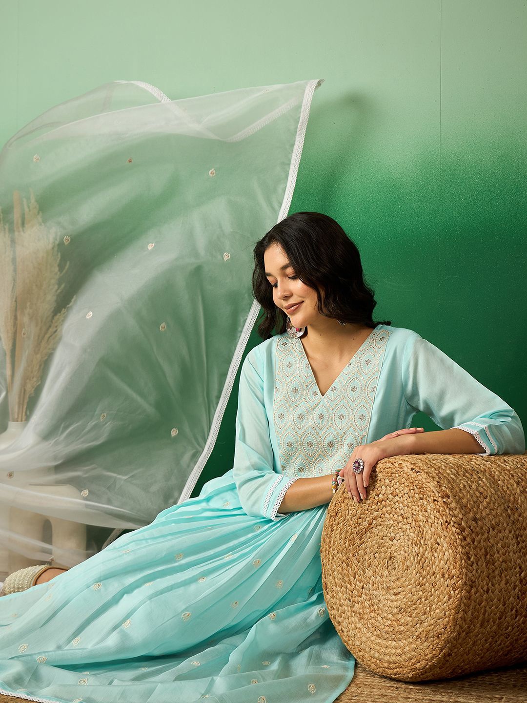 

Sangria Turquoise Blue Floral Embroidered Sequinned Straight Kurta With Trouser & Dupatta