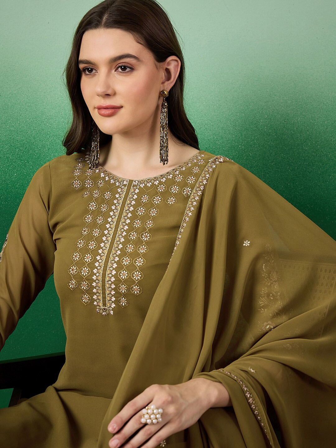 

Sangria Olive Green Floral Embroidered Sequinned Straight Kurta With Trouser & Dupatta