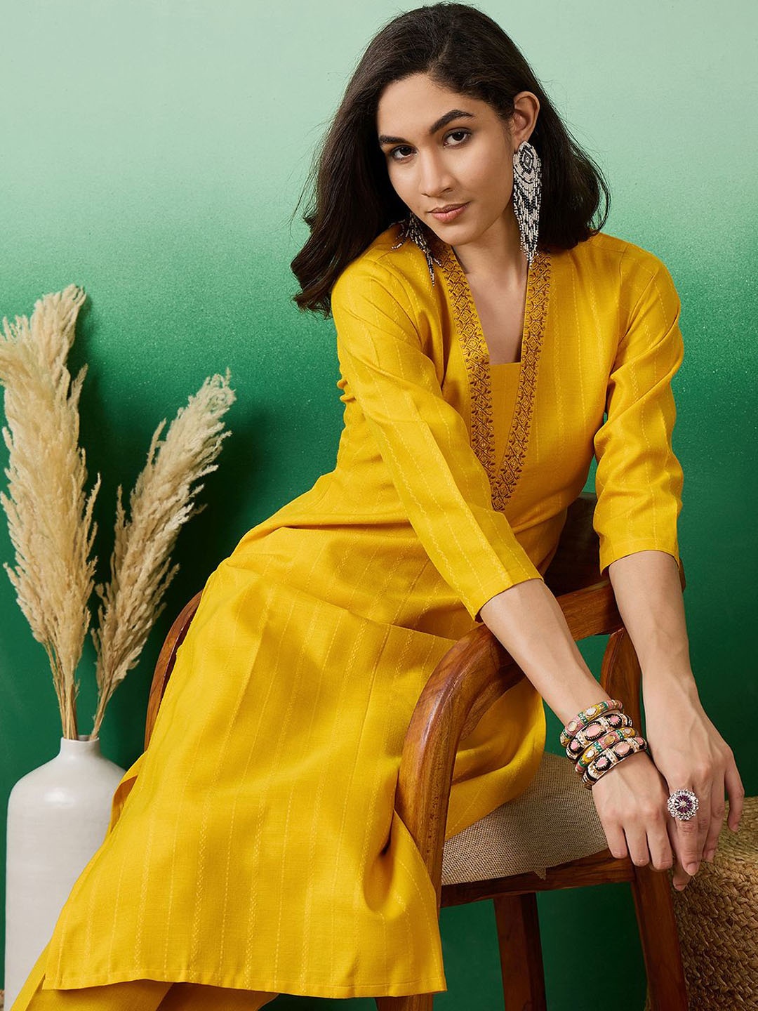 

Sangria Yellow Striped Embroidered V-Neck Sequinned Straight Kurta With Trouser
