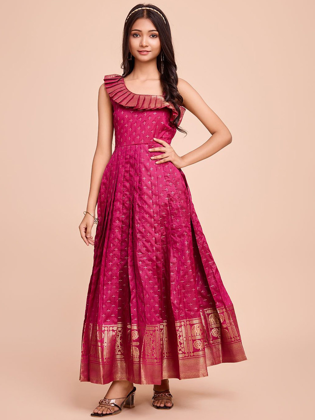 

Tasarika Girls Ethnic Motifs One Shoulder Fit & Flared Ethnic Dress, Pink