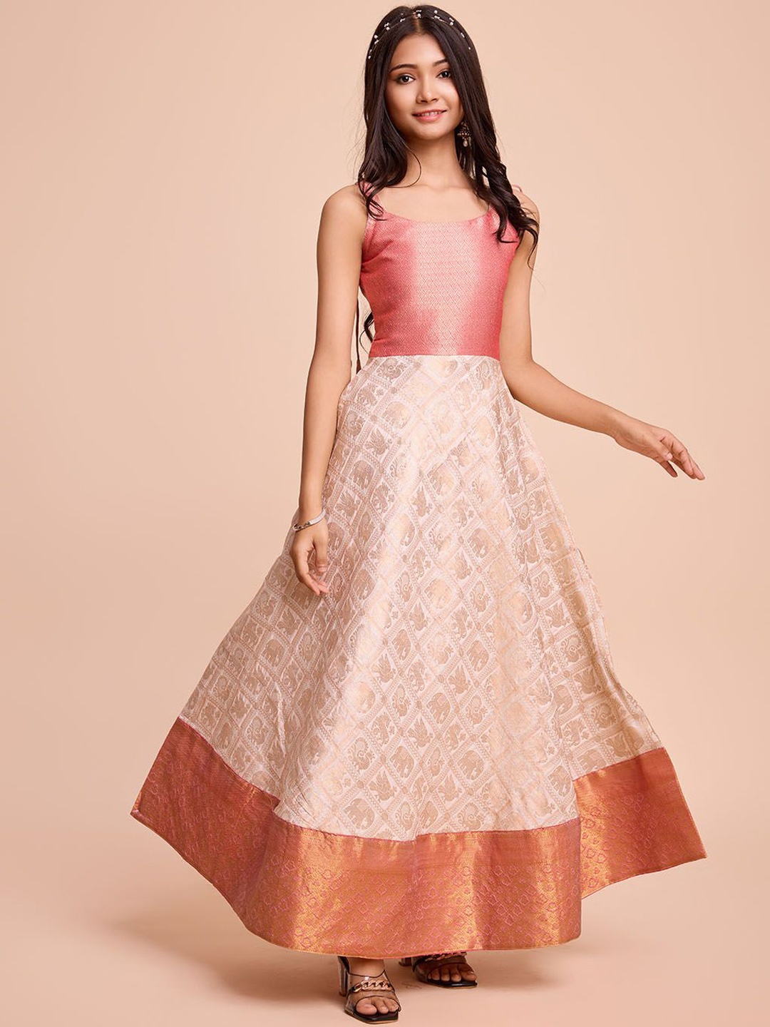 

Tasarika Girls Ethnic Motifs Woven Designed Fit & Flare Ethnic Dress, Cream