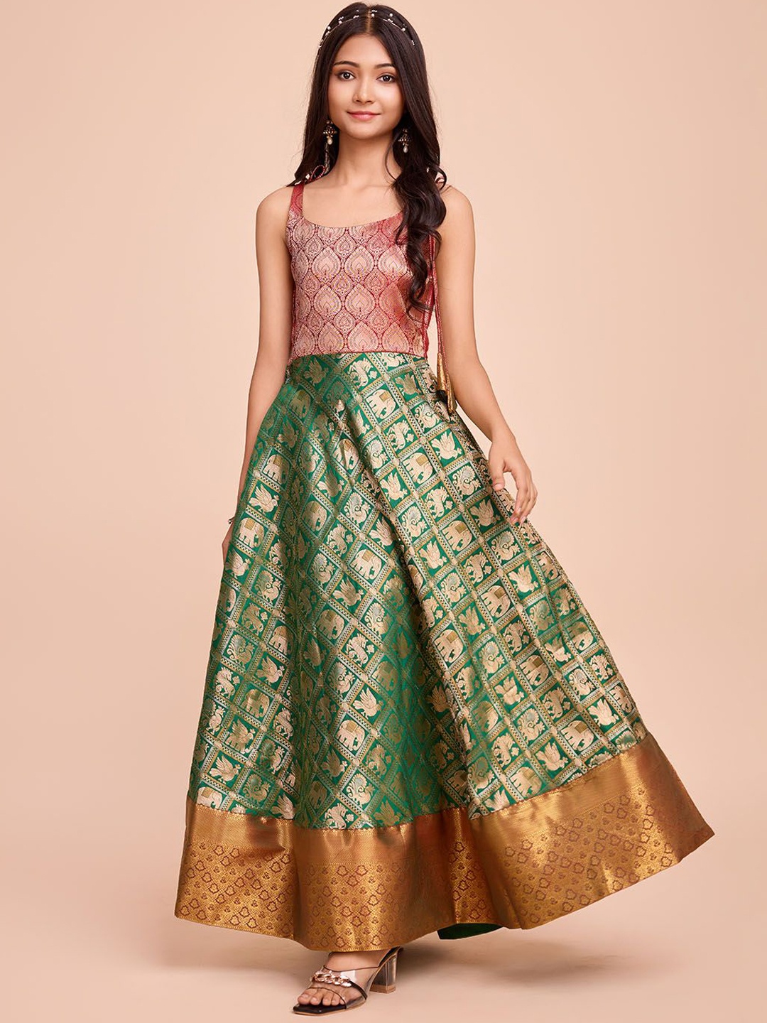 

Tasarika Girls Ethnic Motifs Woven Design Fit And Flare Ethnic Dress, Green
