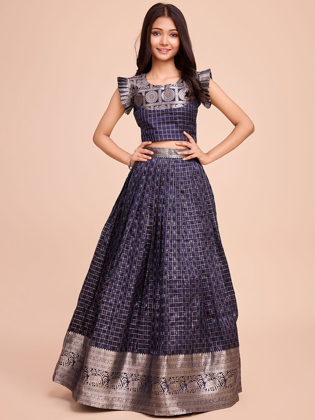 

Tasarika Girls Woven-Designed Lehenga With Choli Set, Navy blue