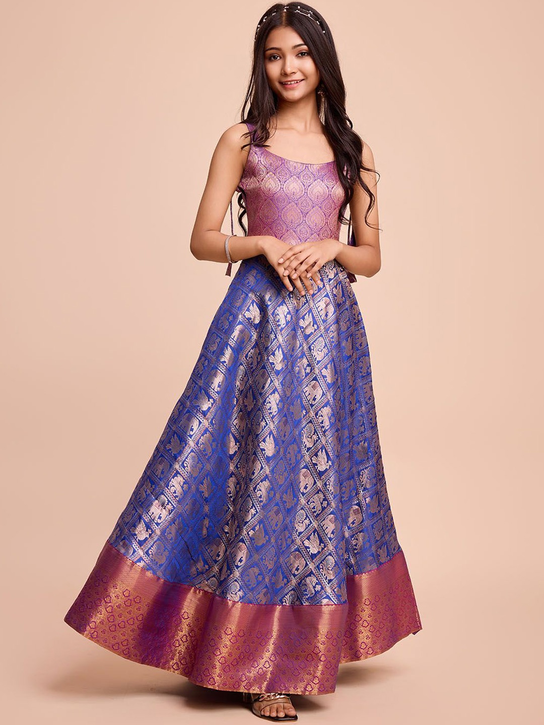 

Tasarika Girls Ethnic Motifs Woven Design Silk Fit & Flare Maxi Ethnic Dress, Blue