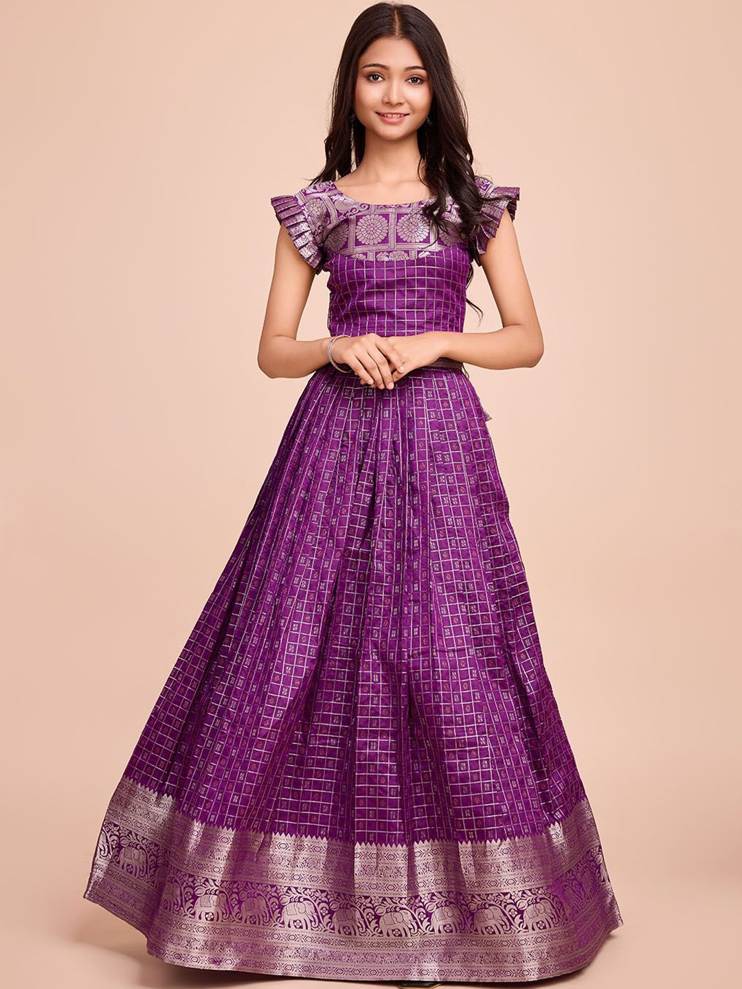 

Tasarika Girls Geometric Woven Designed Lehenga With Choli Set, Purple