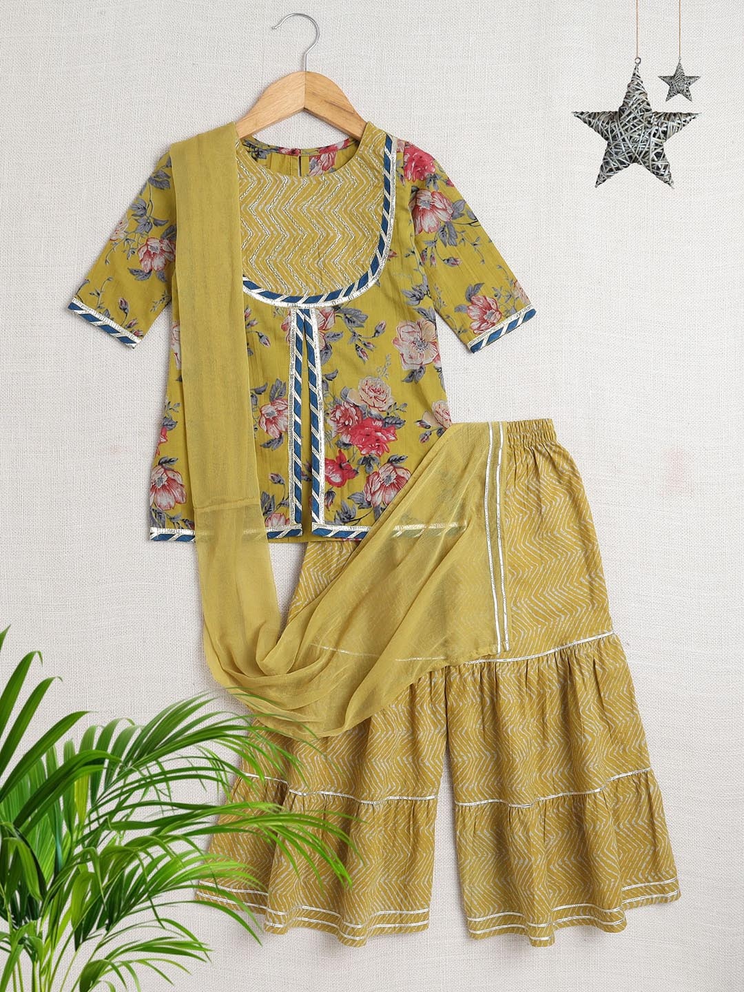 

The Magic Wand Girls Floral Printed Regular Gotta Patti Kurta with Salwar & Dupatta, Mustard