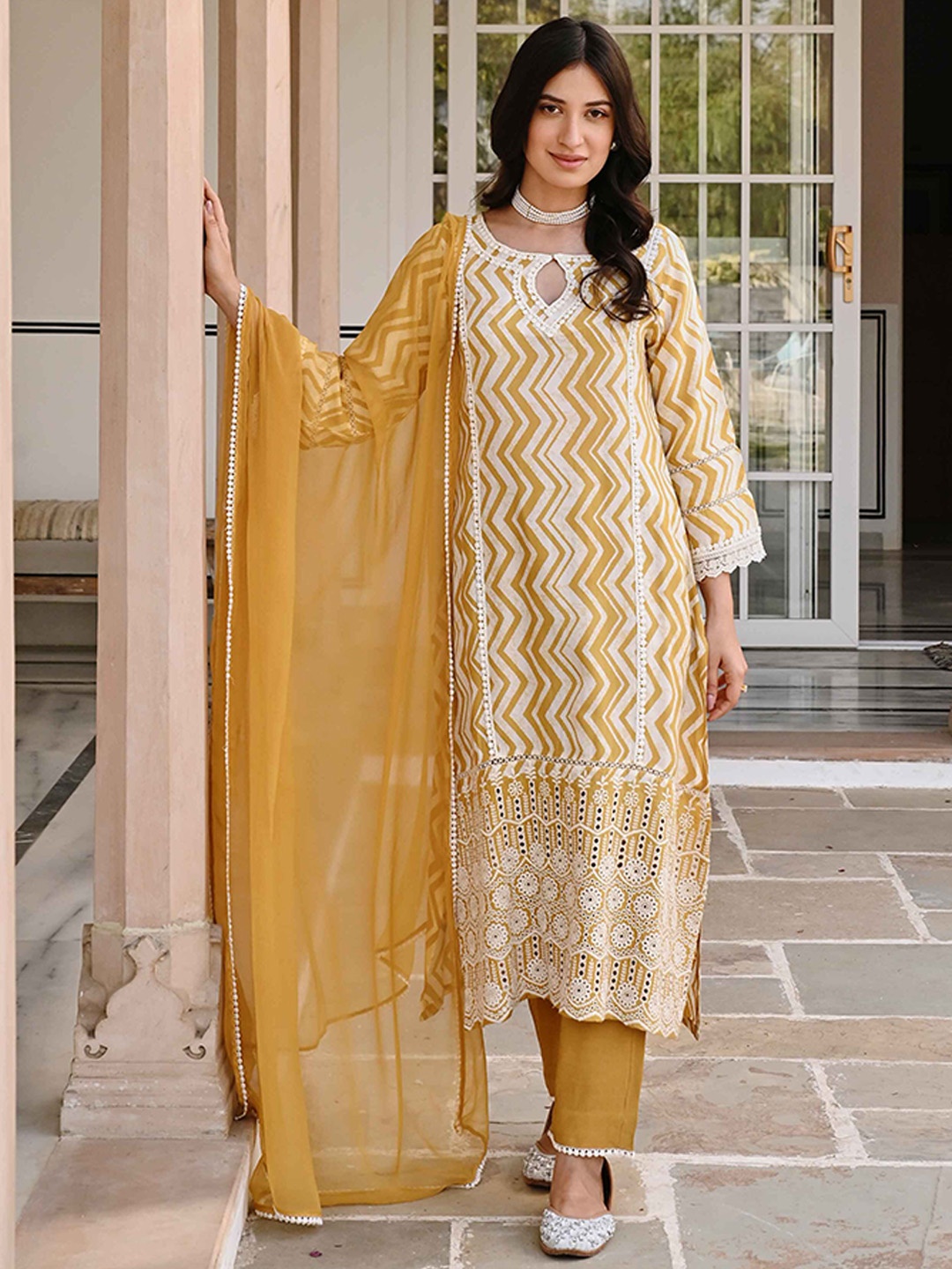 

KARAJ JAIPUR Chevron Embroidered Mirror Work Pure Cotton Kurta with Trousers & Dupatta, Mustard