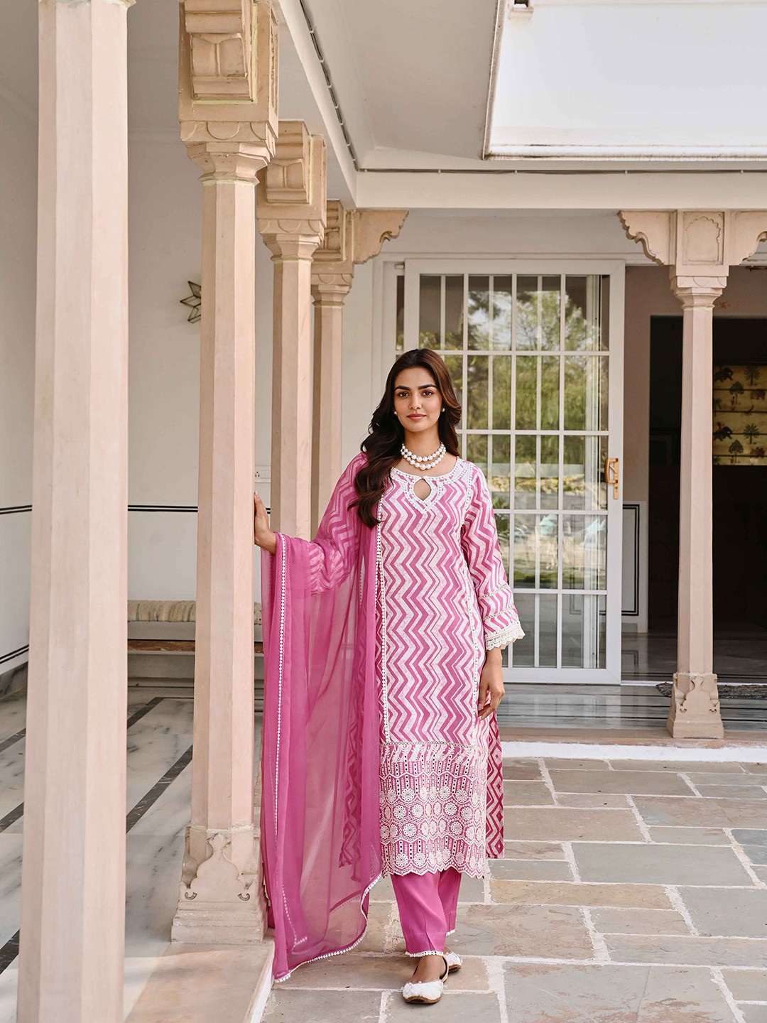 

KARAJ JAIPUR Printed Regular Embroidered Pure Cotton Kurta with Trousers & Dupatta, Pink