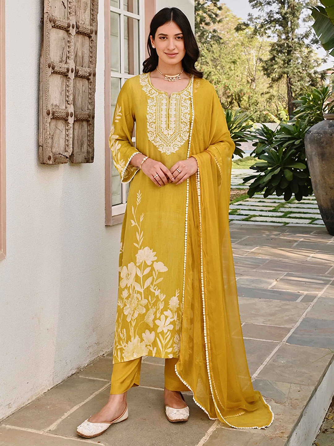 

KARAJ JAIPUR Floral Embroidered Regular Pure Cotton Kurta with Trousers & Dupatta, Yellow