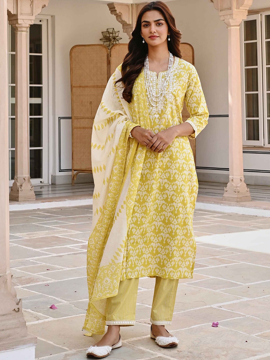 

KARAJ JAIPUR Floral Printed Regular Mirror Work Pure Cotton Kurta with Trousers & Dupatta, Yellow