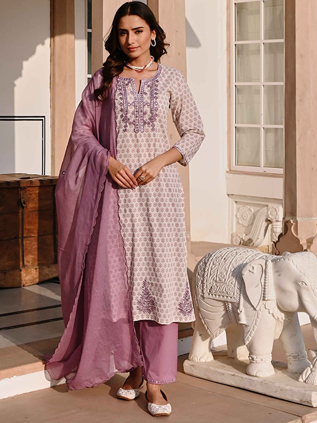 

KARAJ JAIPUR Ethnic Embroidered Mirror Work Pure Cotton Kurta with Trousers & Dupatta, Purple