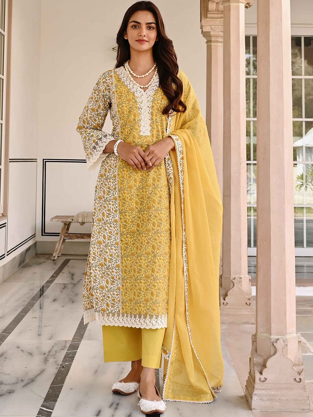 

KARAJ JAIPUR Floral Printed Regular Pure Cotton Kurta with Trousers & Dupatta, Mustard