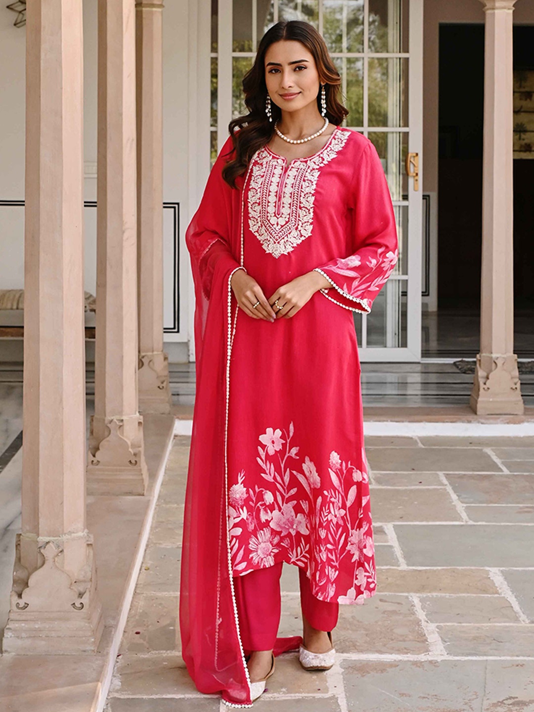 

KARAJ JAIPUR Floral Printed Regular Thread Work Pure Cotton Kurta with Palazzos & Dupatta, Red