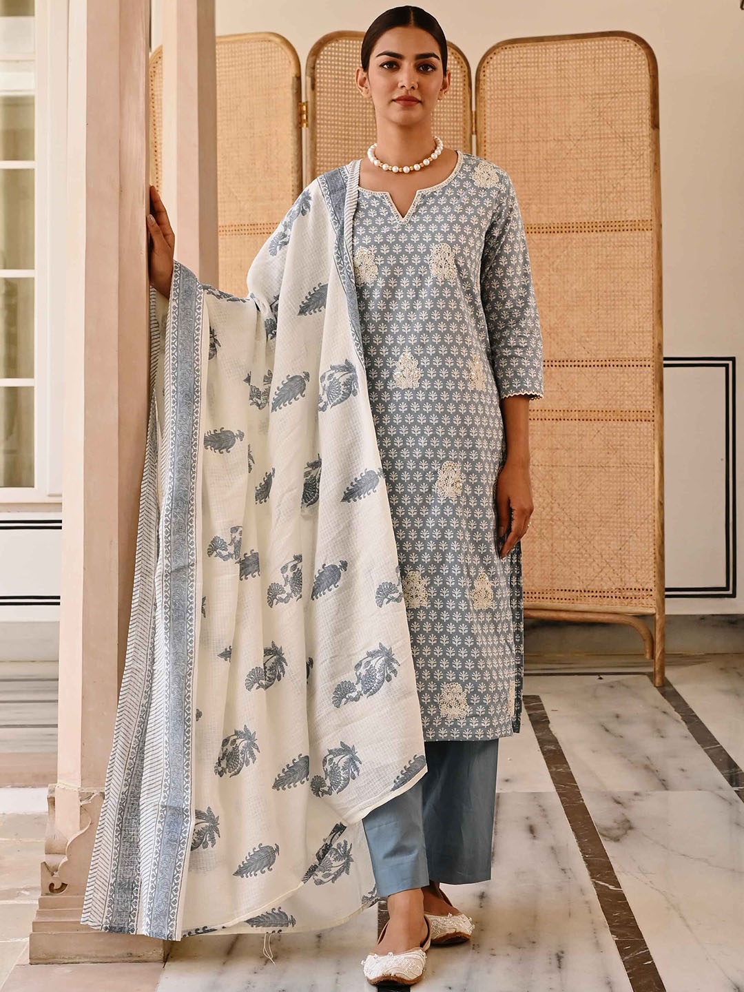 

KARAJ JAIPUR Floral Printed Regular Pure Cotton Kurta with Trousers & Dupatta, Blue