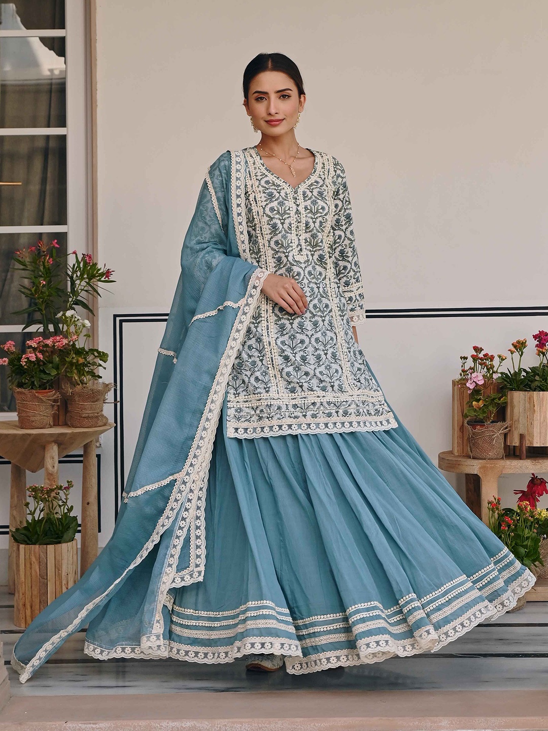 

KARAJ JAIPUR Floral Printed Pure Cotton Straight Kurta with Sharara & Dupatta, Blue