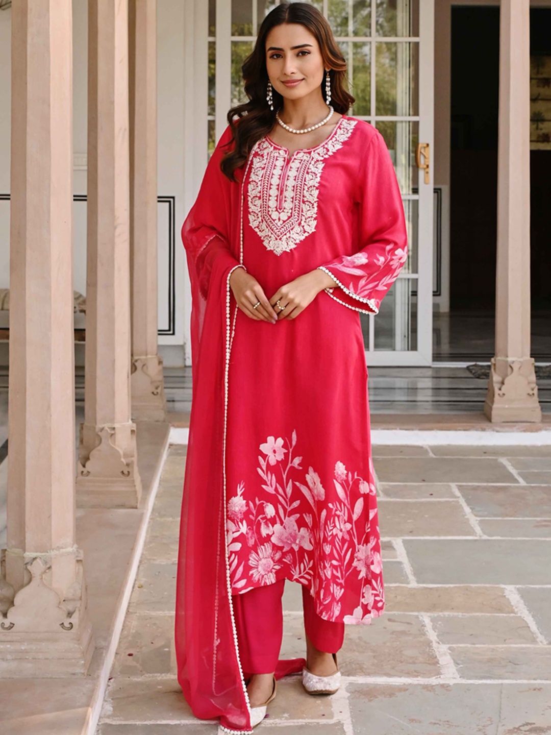 

KARAJ JAIPUR Floral Embroidered Regular Pure Cotton Kurta with Palazzos & Dupatta, Red