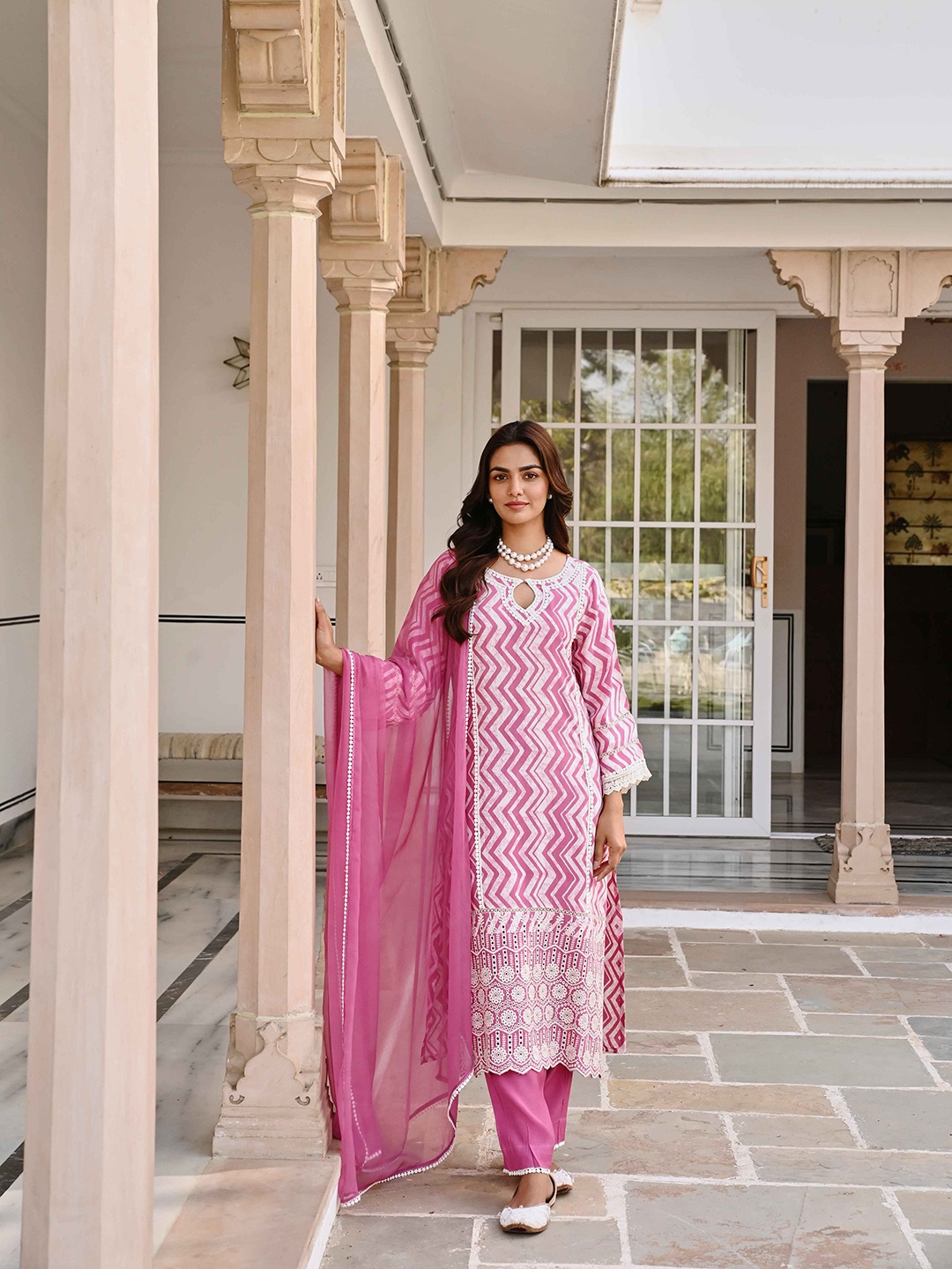 

KARAJ JAIPUR Printed Regular Embroidered Pure Cotton Kurta with Trousers & Dupatta, Pink