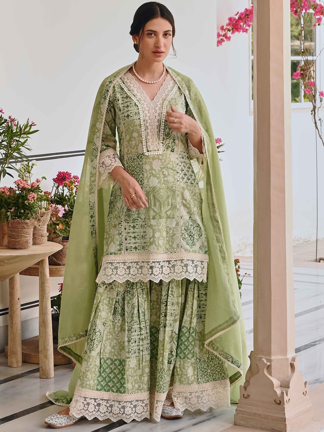 

KARAJ JAIPUR Floral Printed Regular Thread Work Pure Cotton Kurta with Sharara & Dupatta, Green