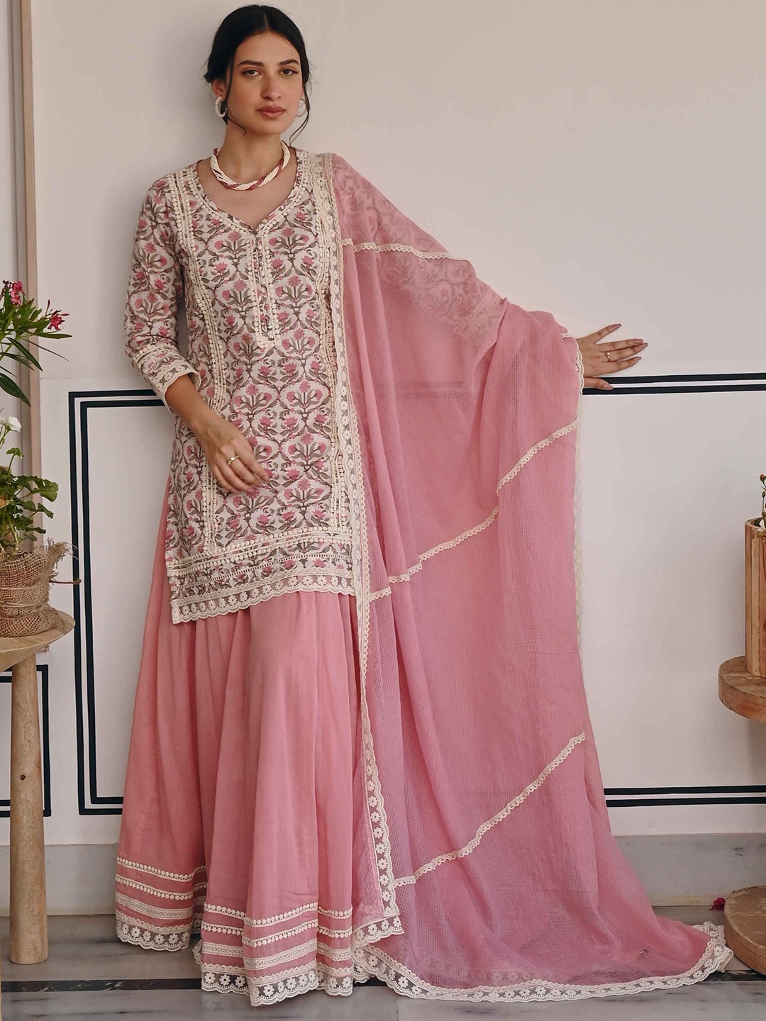 

KARAJ JAIPUR Floral Printed Regular Pure Cotton Kurta with Sharara & With Dupatta, Pink